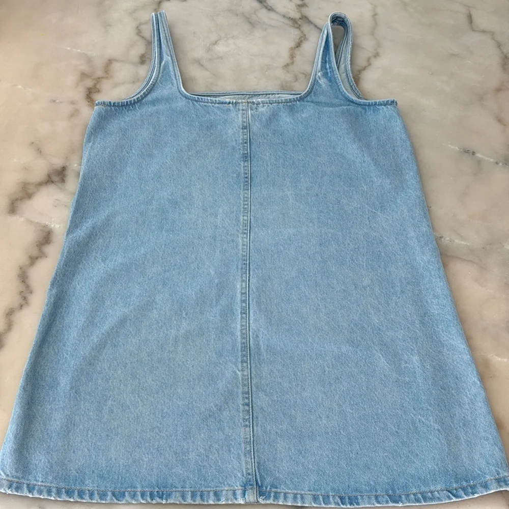 Zara Square Neck Light Blue Denim Mini Dress Sz L - Picture 8 of 11